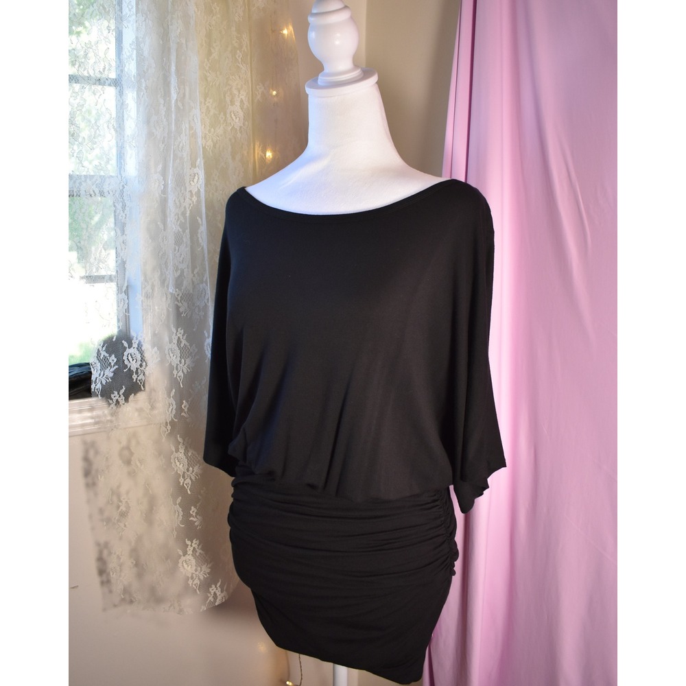 Michael Stars Vintage Black Ruched Mini Dress Made in USA Dolman Sleeve XS